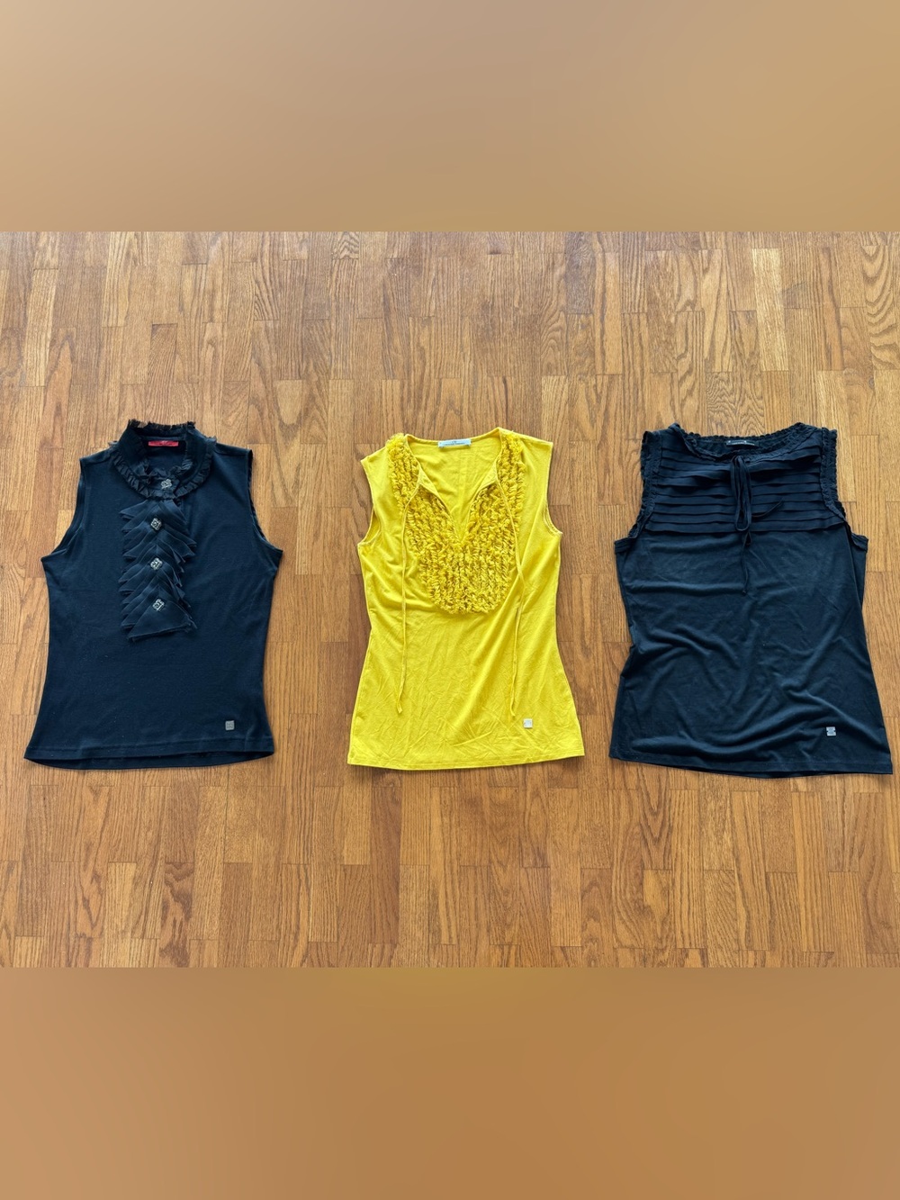 Set of 3 Carolina Herrera Sleeveless Tops: 2 Black, 1 Yellow